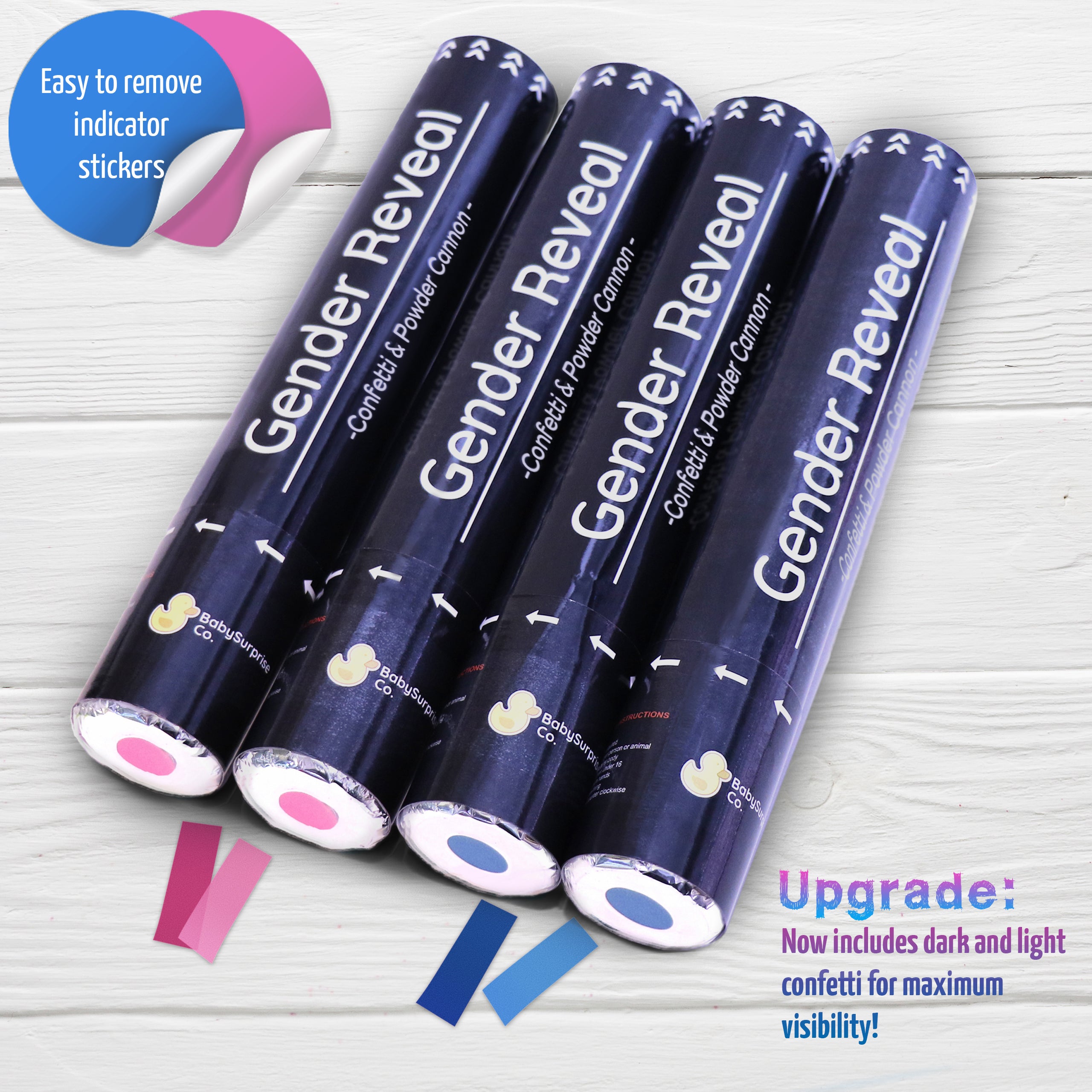 Gender Reveal Confetti & Powder Smoke Cannons - 2 Pink and 2 Blue